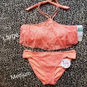 Gianni Bini High Neck Flutter Flounce Bikini Swim Set, Top L, Bottoms M, NWT